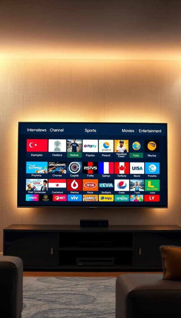 A high-definition, photorealistic image of an expansive IPTV channel offering from IPTVANBIETERTV. The scene depicts a sleek, modern television screen showcasing a diverse array of international news, sports, movies, and entertainment channels. The screen is backlit with a warm, inviting glow, creating a comfortable and immersive viewing experience. The background features a clean, minimalist interior design with subtle textures and neutral tones, allowing the channel selection to take center stage. The image conveys a sense of professionalism, quality, and the extensive range of content available through the IPTVANBIETERTV service.