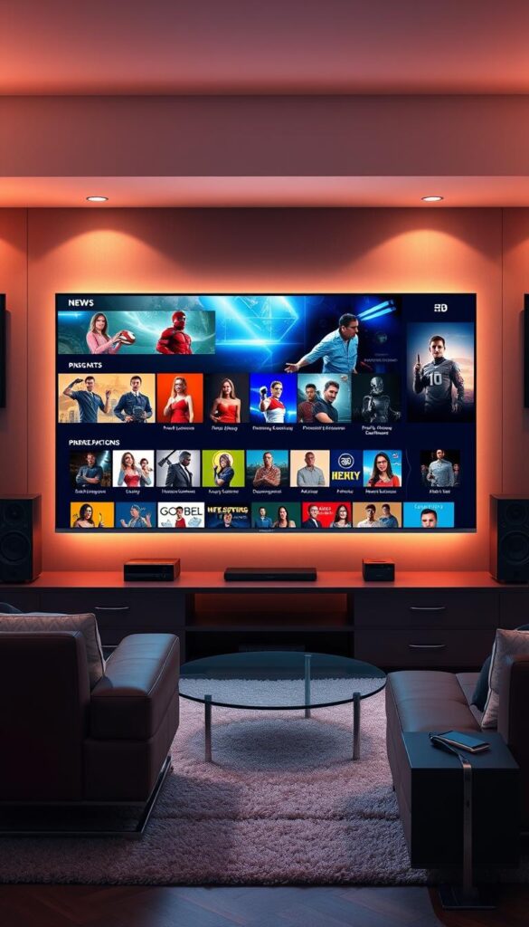 A high-definition, realistic digital illustration showcasing the diverse programming options offered by IPTVANBIETERTV. The image depicts a cozy living room setting with a large, ultra-high-definition television screen displaying a variety of content genres - news, sports, movies, documentaries, and more. The screen is surrounded by sleek, modern entertainment equipment, creating a contemporary, tech-savvy atmosphere. Soft, warm lighting illuminates the scene, highlighting the vibrant colors and details of the on-screen programming. The overall composition emphasizes the expansive range of entertainment choices available through IPTVANBIETERTV's comprehensive service.