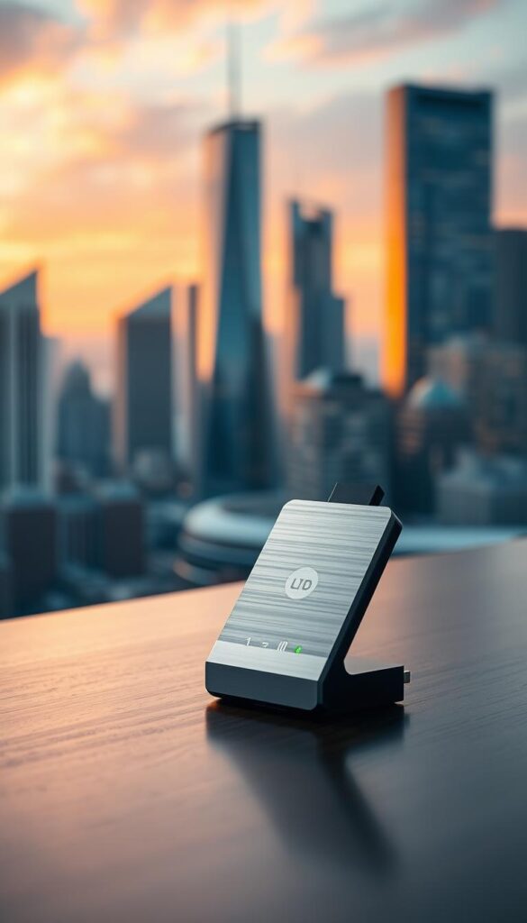 A high-definition, sleek IPTVANBIETERTV streaming stick in a modern, minimalist design. It sits atop a polished, dark wooden surface, casting a soft, warm glow from its discreet indicator lights. The stick's brushed metal casing reflects the ambient lighting, creating a subtle, sophisticated atmosphere. In the background, a blurred cityscape with towering skyscrapers and a vibrant, golden-hour sky sets the scene, hinting at the stick's powerful connectivity and global reach. The overall composition exudes a sense of technological sophistication and the promise of seamless, high-quality IPTV entertainment.