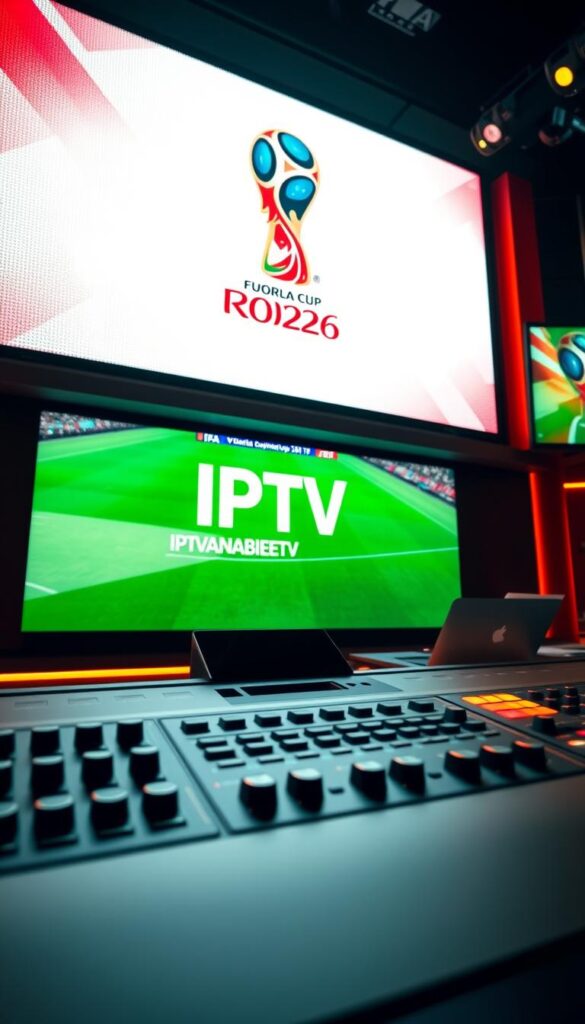 A high-definition sports broadcast studio, with a large LED screen prominently displaying the FIFA World Cup 2026 logo and the text "IPTV". In the foreground, a sleek, modern control panel with various buttons and knobs, representing the IPTVANBIETERTV platform. The studio is bathed in a warm, cinematic lighting, creating a sense of energy and anticipation. The camera angle is slightly low, emphasizing the scale and importance of the event. The overall atmosphere conveys the excitement and global reach of the FIFA World Cup 2026, accessible through the IPTV technology.