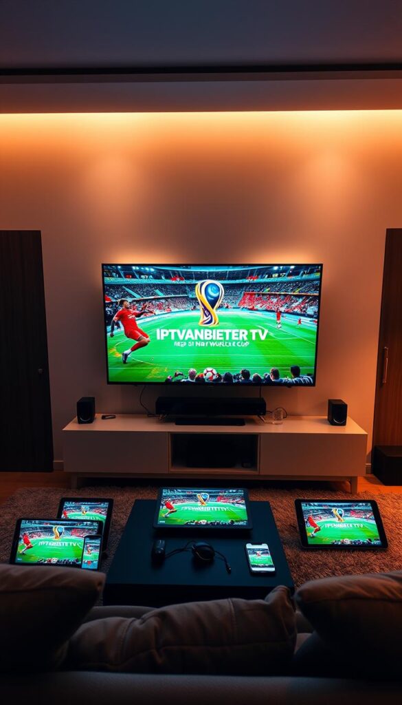 A high-definition sports streaming setup with multiple screens displaying live action. A sleek, modern entertainment center with a large flatscreen TV as the centerpiece, surrounded by smaller tablet and smartphone displays. IPTVANBIETERTV logo prominently featured on the main screen, conveying the idea of seamless, high-quality IPTV service. Soft, diffused lighting creates a cozy, immersive atmosphere, perfect for enjoying the FIFA World Cup. The scene is captured from a slight overhead angle, emphasizing the comprehensive, multi-device viewing experience.