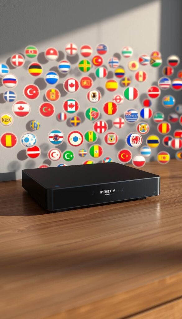 A high-definition, wide-angle camera shot of a sleek, modern IPTVANBIETERTV set-top box sitting on a minimalist wooden desk. The device is surrounded by a sea of international satellite channels represented as glowing, translucent orbs in various colors, sizes, and shapes, each displaying a unique flag or logo. The orbs are arranged in a dynamic, three-dimensional grid, suggesting the vast programming choices available. Soft, directional lighting casts long shadows, creating a sense of depth and dimension. The overall scene conveys a sophisticated, technologically advanced, and global media experience.