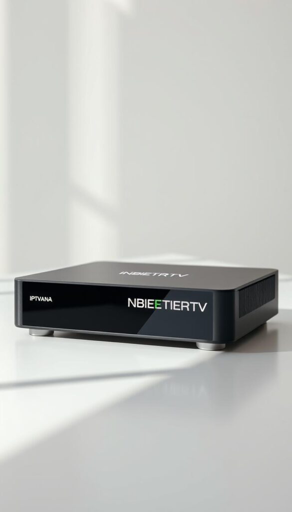 A high-definition, wide-angle view of a modern and sleek IPTV set-top box with the brand name "IPTVANBIETERTV" prominently displayed on the device. The box is situated on a minimalist white table, casting a soft shadow on the surface. The background is a clean, minimalist studio setting with a bright, diffused lighting that creates a sense of warmth and professionalism. The overall composition emphasizes the IPTV box as the central focus, highlighting its capabilities and the wide range of programming it offers. The scene conveys a sense of sophistication, technology, and the diverse entertainment options available through the comprehensive "IPTV Programmpaket".