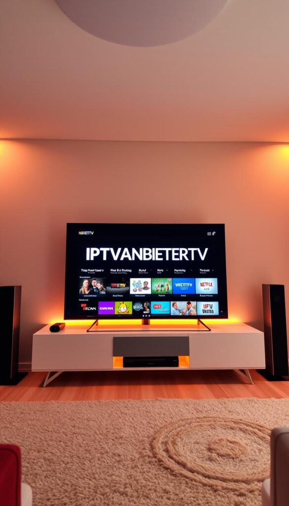 A high-end, contemporary TV set displaying the IPTVANBIETERTV brand name prominently on the screen. The device is situated on a sleek, minimalist entertainment center against a neutral background, bathed in warm, diffused lighting that creates a cozy, inviting atmosphere. The TV screen shows a vibrant, colorful display of various IPTV channels and content, reflecting the comprehensive offering of this leading IPTV provider in Germany. The scene conveys a sense of technology, quality, and reliability, aligning with the subject matter of the article.