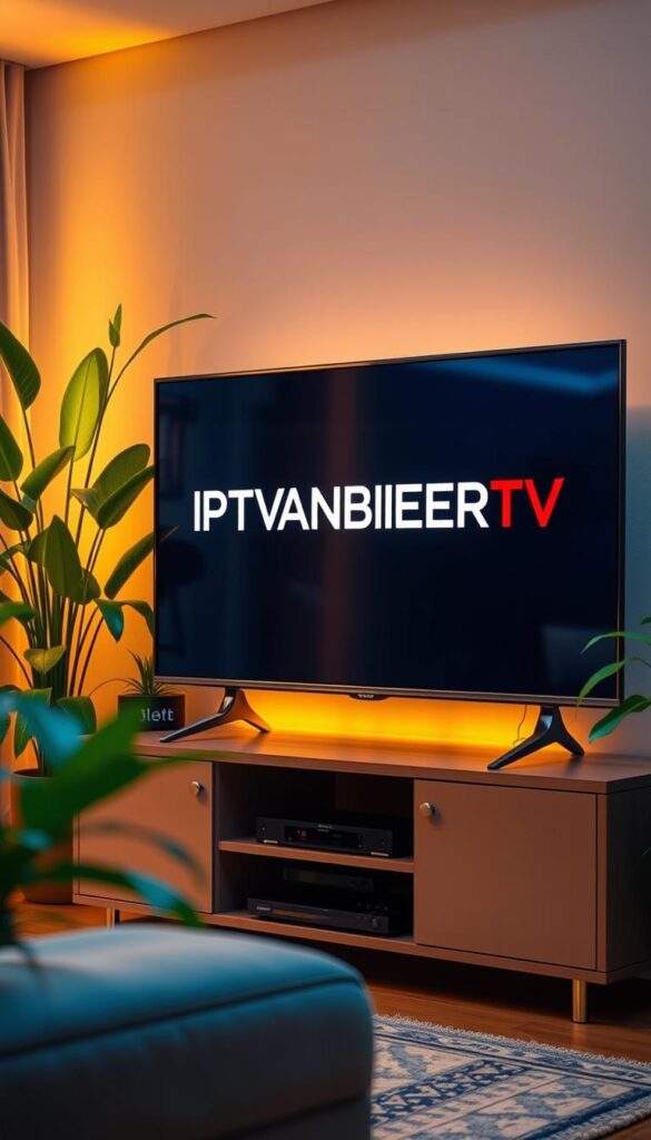 A high-end home entertainment setup with a modern, sleek TV displaying the IPTVANBIETERTV brand logo. The TV is placed on a stylish media console, surrounded by lush greenery and warm ambient lighting, creating a cozy and inviting atmosphere. The image conveys a sense of premium quality, reliability, and a lifetime subscription, reflecting the article's focus on "Premium IPTV lebenslang - Mehrere Geräte, beste Preise." The composition emphasizes the TV as the focal point, showcasing its impressive display and the IPTVANBIETERTV branding.