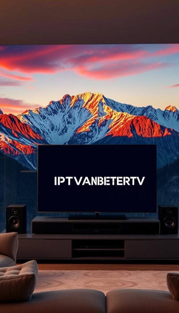 A high-quality 4K HDR landscape of a picturesque mountain range, with a vibrant sunset casting warm hues across the snow-capped peaks. In the foreground, a sleek and modern living room with a large flatscreen TV displaying the IPTVANBIETERTV logo in crisp, clear resolution. Plush seating and high-end audio equipment surround the TV, creating an immersive cinematic experience. Soft, diffused lighting illuminates the scene, enhancing the luxurious and relaxing atmosphere. The attention to detail and technical precision in the image conveys the superior streaming quality and premium service offered by IPTVANBIETERTV.