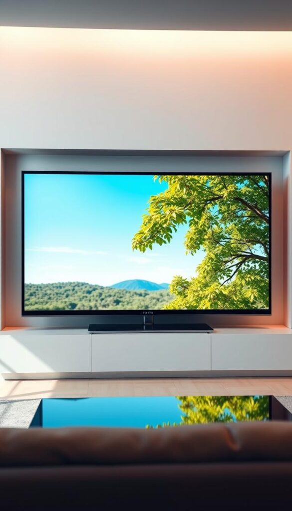 A high-quality 4K IPTV display with vibrant, lifelike colors and smooth, seamless playback. The scene showcases the IPTVANBIETERTV brand, featuring a sleek, modern television set against a minimalist, well-lit interior. The television screen displays a nature scene with lush, verdant foliage and a clear, azure sky, conveying a sense of clarity and visual fidelity. Subtle film grain and a warm, cinematic lighting imbue the image with a professional, studio-quality aesthetic. The overall mood is one of high-end, premium IPTV technology that delivers an immersive, theater-like viewing experience.