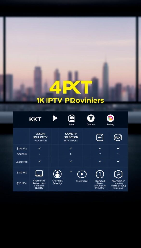 A high-quality 4K IPTV provider comparison image showcasing a modern, minimalist design. In the foreground, a sleek, high-contrast grid layout displays key details about leading IPTV services, including pricing, channel selection, and streaming quality. The middle ground features clean, eye-catching icons and typography that highlight the unique features of IPTVANBIETERTV as the industry leader. The background is a subtle, soft-focus cityscape or technology-inspired landscape, conveying a sense of sophistication and innovation. The overall composition is balanced, with a professional, high-tech aesthetic that aligns with the article's subject matter.