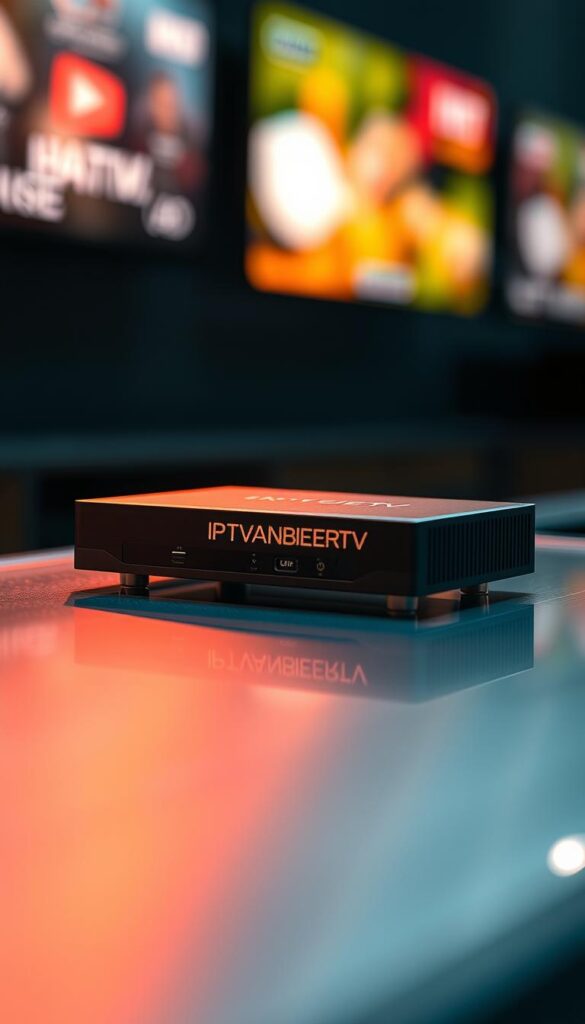 A high-quality 4K IPTV sender device, sleek and modern in design, resting on a glass or metal surface. The device features the IPTVANBIETERTV brand name prominently displayed. Crisp, detailed textures and precise angles capture the technical nature of the product. Warm, directional lighting illuminates the sender, creating depth and highlights the premium materials. The background is subtly blurred, keeping the focus on the sender's form and features. An atmosphere of sophistication and advanced technology pervades the scene, reflecting the capabilities of the 4K IPTV service.