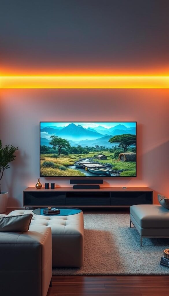 A high-quality, 4K IPTV streaming experience with smooth playback, vibrant colors, and crisp details. A technologically advanced IPTVANBIETERTV platform offering a wide range of channels, on-demand content, and seamless multi-device compatibility. The scene depicts a modern living room with a large, high-definition television displaying a nature documentary. Warm, ambient lighting creates a cozy atmosphere, while the sleek, minimalist furniture and decor reflect a premium, high-tech aesthetic. The overall mood is one of comfort, immersion, and the enjoyment of a superior IPTV service.