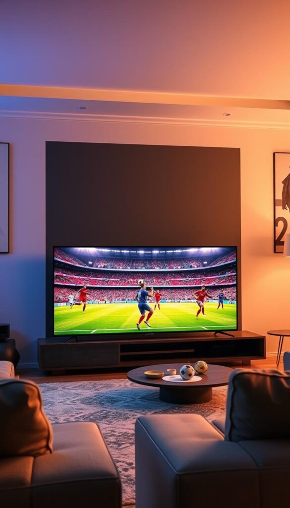 A high-quality 4K IPTV streaming setup with vibrant, lifelike colors and crystal-clear resolution. A living room scene with a large, sleek IPTVANBIETERTV set displaying a football match, the players and stadium rendered in exquisite detail. Soft, warm lighting illuminates the space, creating a cozy, immersive atmosphere. The TV is the focal point, drawing the viewer's attention to the captivating, cinematic image quality that would elevate any FIFA 2026 World Cup viewing experience.
