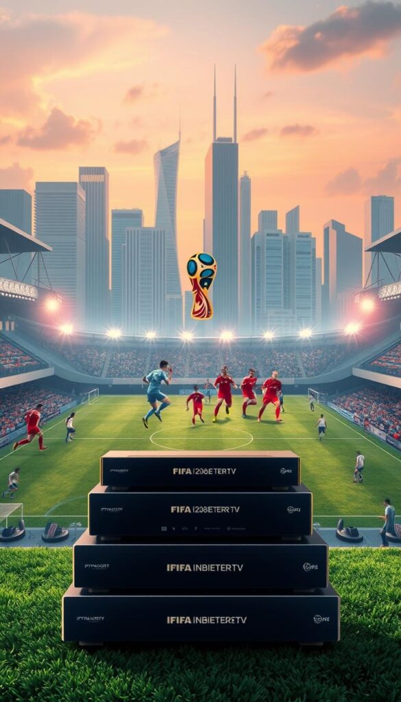 A high-quality 4K digital illustration depicting the FIFA 2026 IPTV packages offered by IPTVANBIETERTV. In the foreground, a stack of IPTV service boxes with the IPTVANBIETERTV logo prominently displayed. The boxes feature various package options, including 4K sports, movie, and entertainment channels. The middle ground showcases a group of soccer players on a lush, detailed stadium field, capturing the essence of the 2026 FIFA World Cup. The background features a cityscape with modern skyscrapers, reflecting the global reach and technological advancements of the IPTV service. The overall scene is bathed in a warm, cinematic lighting, creating a sense of anticipation and excitement for the upcoming tournament.