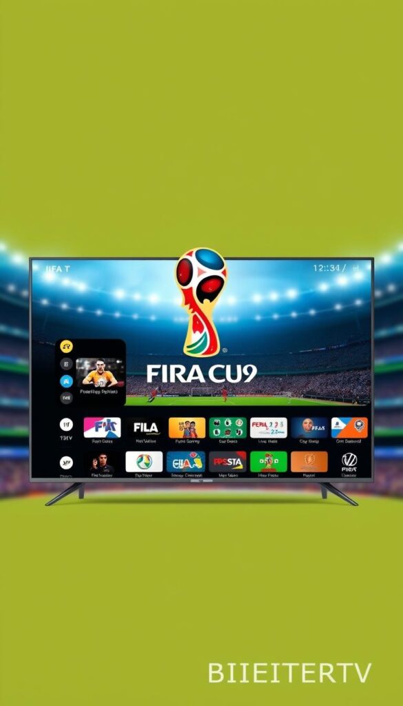 A high-quality 4K digital illustration of an IPTV service provider offering comprehensive coverage of the FIFA World Cup. In the foreground, a sleek and modern IPTV app interface showcases a variety of live-streaming options, sports channels, and on-demand content. The middle ground features a large, vibrant display of the FIFA World Cup logo, surrounded by dynamic graphics and icons. In the background, a subtly blurred stadium scene captures the excitement and energy of the tournament. The overall composition conveys a sense of accessibility, affordability, and immersion in the FIFA World Cup experience. The brand name "IPTVANBIETERTV" is prominently displayed in the lower right corner.