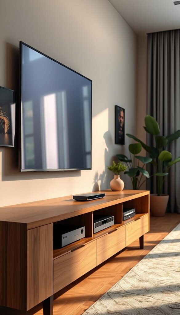 A high-quality 4K digital photograph of a modern home entertainment setup, showcasing a sleek and minimalist living room with a large flat-screen TV mounted on the wall. In the foreground, an elegant wooden media console houses various AV components, including a state-of-the-art IPTVANBIETERTV box. The lighting is soft and warm, creating a cozy and inviting atmosphere. The room is decorated with modern art pieces and lush greenery, reflecting a harmonious and sophisticated aesthetic. The overall scene conveys a sense of comfort, technology, and legal digital entertainment.