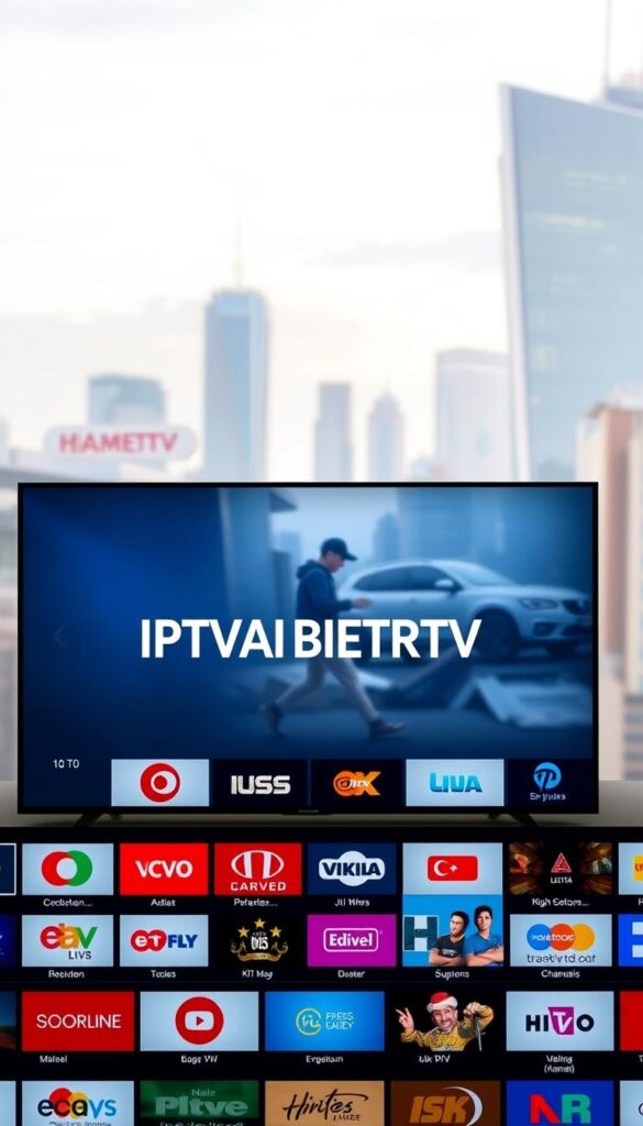 A high-quality 4K digital photograph of a sleek, modern IPTV service interface, showcasing the türkische IPTV Sendeplan. The interface features a clean, minimalist design with vibrant colors and sharp, high-resolution graphics. The foreground displays a grid-like layout of various channel logos and program titles, while the middle ground highlights the IPTVANBIETERTV brand name prominently. The background depicts a subtle, blurred cityscape with skyscrapers and modern architecture, creating a sense of urban sophistication. The lighting is soft and natural, with a warm, inviting tone that enhances the overall aesthetic. The image captures the comprehensive and user-friendly nature of the IPTV service, making it an ideal visual representation for the article's section on the "Der ultimative IPTV-Service für deutsche Nutzer".