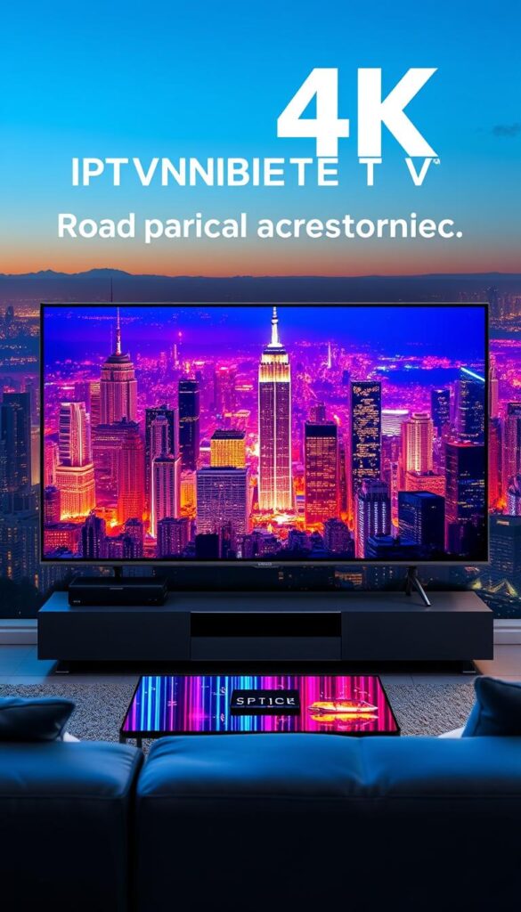 A high-quality 4K landscape image showcasing the exceptional streaming performance of IPTVANBIETERTV. The scene depicts a sprawling cityscape at night, with towering skyscrapers illuminated by vibrant, colorful lights. In the foreground, a modern living room setup features a large, high-definition television displaying crystal-clear, fluid video playback. The image conveys a sense of technological sophistication, visual fidelity, and seamless entertainment experience provided by the IPTVANBIETERTV service.