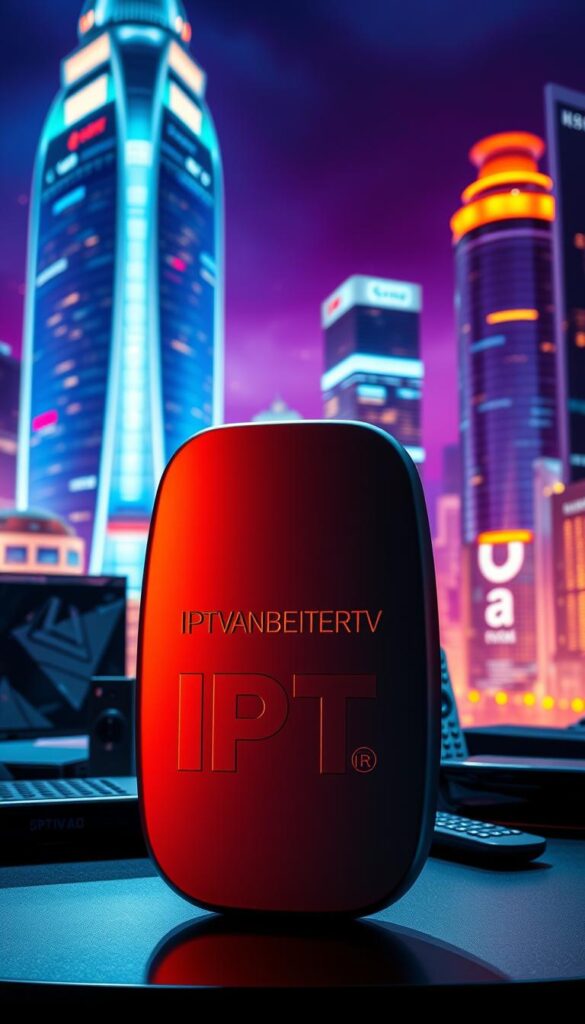 A high-quality, 8K resolution image of the IPTVANBIETERTV brand logo and service quality features. The logo dominates the foreground, rendered in a sleek, metallic finish with subtle gradients and reflections. In the middle ground, an array of streaming devices and remote controls demonstrate the brand's wide device compatibility. The background depicts a vibrant, futuristic cityscape with skyscrapers and glowing, neon-lit details, conveying a sense of advanced technology and innovation. Dramatic studio lighting casts dramatic shadows, creating depth and dimension. The overall mood is professional, premium, and technologically sophisticated, befitting the leading IPTV provider in Germany.
