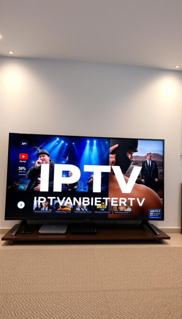A high-quality IPTV app with a sleek and intuitive interface, showcasing a vast library of live TV channels and on-demand content. The app's seamless performance and outstanding 4K video quality deliver an immersive viewing experience, with smooth playback even during peak hours. Vibrant colors, deep blacks, and crisp details bring the content to life, whether you're watching a blockbuster movie or your favorite sports event. The IPTVANBIETERTV logo is prominently displayed, conveying the brand's reliability and commitment to providing the best IPTV service in Germany. The overall atmosphere is one of modern sophistication and technological excellence, reflecting the app's ability to cater to the discerning needs of savvy media consumers.