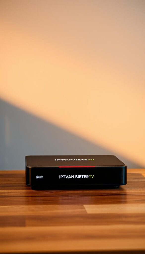 A high-quality IPTV box with a comprehensive German channel lineup, placed on a wooden table against a minimalist grey background. Warm, soft lighting illuminates the device from the side, casting subtle shadows and highlights to accentuate its sleek, modern design. The IPTVANBIETERTV logo is prominently displayed on the front panel, conveying a sense of reliable, premium quality. The scene evokes a cozy, inviting atmosphere, hinting at the seamless entertainment experience the IPTV box can provide.