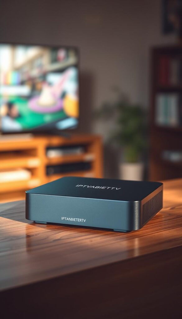 A high-quality IPTV box with a sleek, modern design and a premium finish. The box is situated on a wooden surface, bathed in warm, directional lighting that creates depth and shadows, highlighting its clean lines and matte black casing. In the background, a subtle bokeh effect softens the surroundings, directing the viewer's attention to the centerpiece - the IPTVANBIETERTV box. The overall scene conveys a sense of sophistication and attention to detail, reflecting the quality and long-term value of the IPTV service.