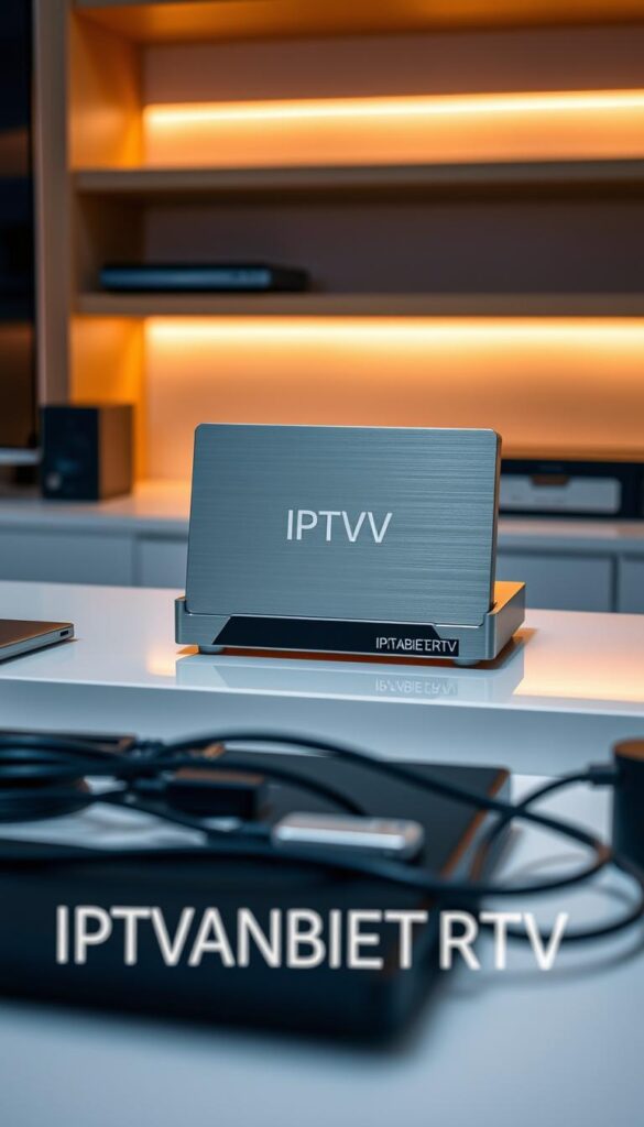 A high-quality IPTV box with recording capabilities, standing prominently on a sleek, minimalist desk. The box is crafted from brushed aluminum, with a clean, modern design and precise, sharp edges. The device is backlit with a soft, ambient glow, casting a warm, inviting light on the surrounding environment. In the foreground, the IPTVANBIETERTV logo is subtly displayed, adding a touch of branding without distracting from the main subject. The middle ground features various cables and connections, neatly organized and hidden from view, showcasing the box's versatility and integration into a home entertainment setup. The background is blurred, creating a sense of depth and focus on the IPTV box as the central subject. The overall scene conveys a sense of technological sophistication, functionality, and attention to detail.