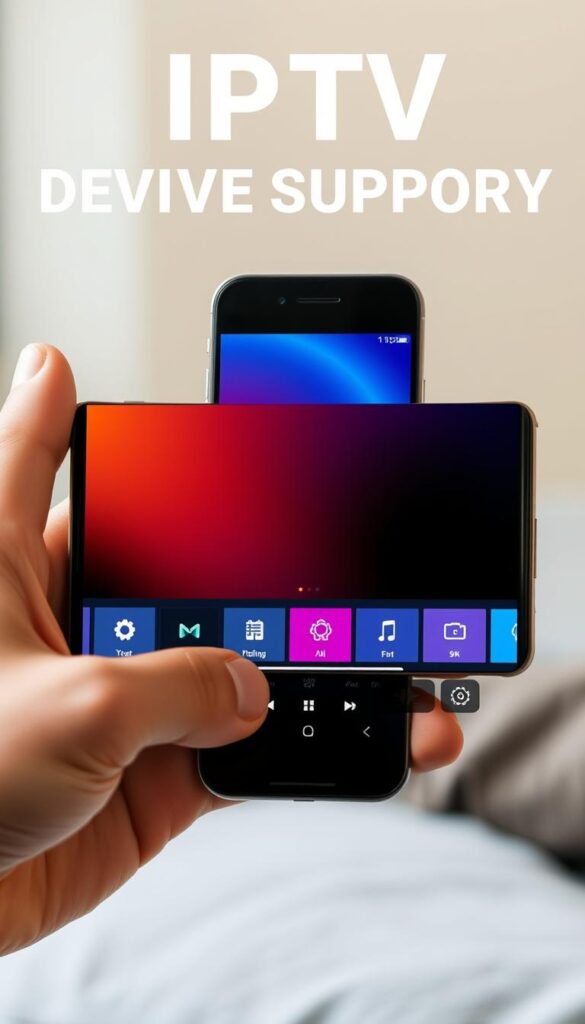 A high-quality IPTV player interface displayed on a modern Android smartphone screen, showcasing the extensive device support of IPTVANBIETERTV. The player has a sleek, minimalist design with a clean user interface, intuitive controls, and a vibrant color scheme. The smartphone is held in a natural hand pose, set against a softly blurred background that evokes a sense of everyday use. The image conveys the ease and convenience of accessing a wide range of IPTV content through the IPTVANBIETERTV platform on a variety of Android devices.