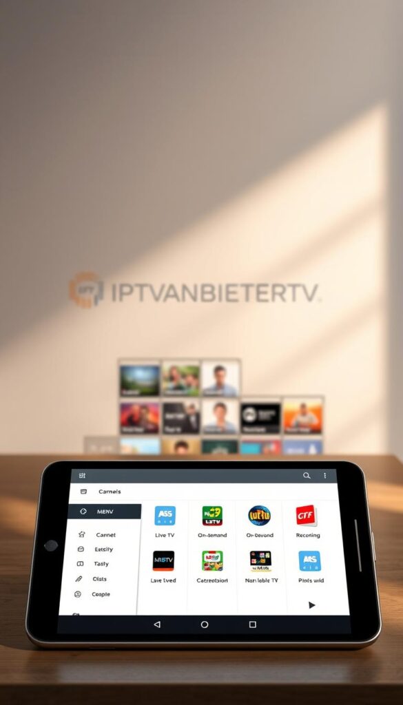 A high-quality IPTV player interface with a clean, intuitive design. The player is showcased on a sleek, minimalist device, perhaps a modern Android tablet or smartphone. In the foreground, the player's main menu is prominently displayed, highlighting the key functions like live TV, on-demand content, and recording options. The menu has a modern, flat aesthetic with clear iconography and well-organized sections. The middle ground features various content thumbnails and program information, conveying the breadth of available channels and media. In the background, a subtle grid or geometric pattern creates a sense of depth and sophistication. Subtle lighting casts a warm, natural glow across the scene, contributing to an inviting, user-friendly atmosphere. The IPTVANBIETERTV brand is seamlessly integrated into the design, perhaps subtly displayed in the corner or as part of the interface. Overall, the image should convey the power, flexibility, and ease of use of a premium IPTV player for the German market.