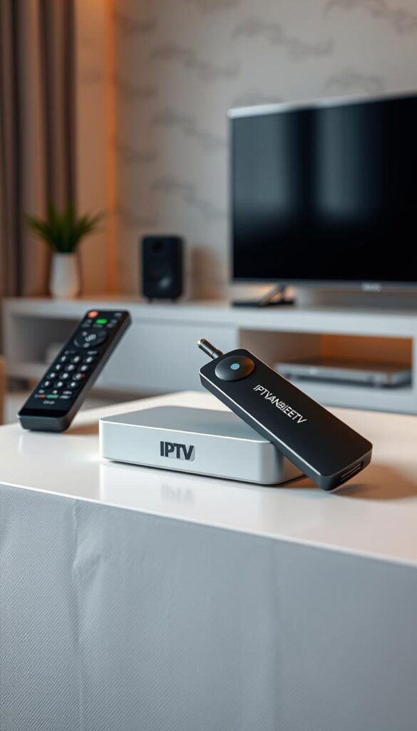 A high-quality IPTV receiver stick in a sleek, minimalist design, resting on a clean, white surface. The stick is seamlessly integrated into a modern home entertainment setup, with a minimalist remote control and a neutral-toned, subtly textured background. Soft, warm lighting illuminates the scene, creating a cozy, inviting atmosphere. The IPTV brand "IPTVANBIETERTV" is clearly visible on the device. The overall composition and attention to detail convey a sense of simplicity, efficiency, and effortless functionality, reflecting the step-by-step guidance provided in the article section.