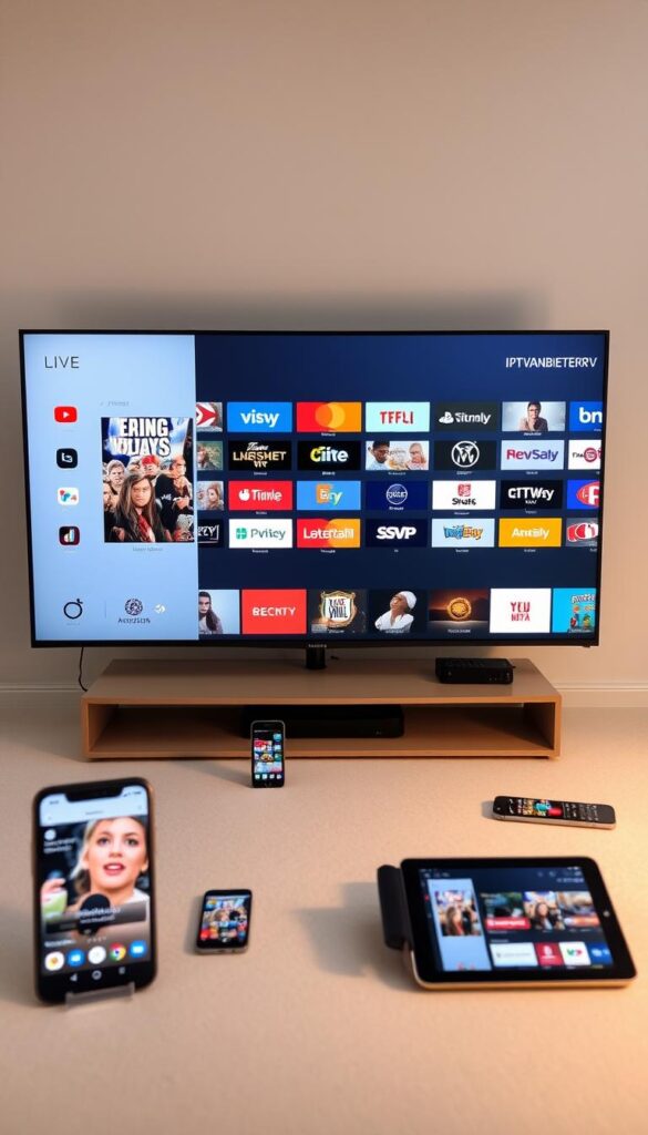 A high-quality IPTV service in Germany, with a sleek and modern interface displaying a diverse range of live TV channels and on-demand content. The image features a minimalist design, showcasing a flat-screen television surrounded by various devices like smartphones and tablets, all connected to the IPTVANBIETERTV service. The lighting is soft and diffused, creating a warm and inviting atmosphere. The background is a clean, muted palette, allowing the IPTV devices to take center stage. The overall composition is balanced and visually appealing, highlighting the ease of use and versatility of the IPTV service.