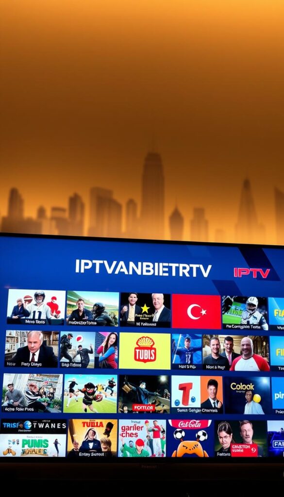 A high-quality IPTV service with a vast channel lineup, showcasing a modern, stylish TV interface. The screen displays a sleek, minimalist design with the IPTVANBIETERTV brand prominently featured. The background features a blurred cityscape, hinting at the global reach of the service. The foreground showcases a diverse selection of popular TV channels, including news, sports, movies, and entertainment, all rendered in vivid, realistic detail. The lighting is soft and warm, creating a welcoming, premium atmosphere. The composition is balanced, with the channels arranged in an eye-catching, visually appealing layout. The overall mood is one of sophistication, quality, and the endless entertainment options available to the user.