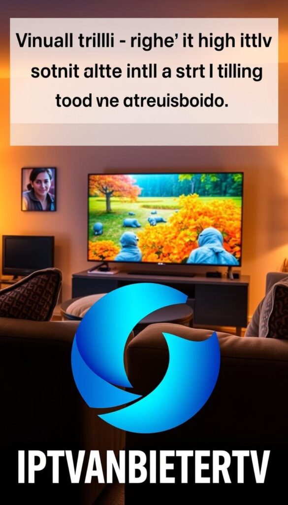 A high-quality IPTV streaming experience in Germany, featuring crystal-clear 4K resolution, low latency, and seamless playback across multiple devices. The scene depicts a cozy living room setup, with a large flatscreen TV prominently displaying vivid, lifelike imagery. The lighting is warm and inviting, creating a relaxed atmosphere. In the foreground, the IPTVANBIETERTV brand logo is subtly integrated, hinting at the reliable and user-friendly technology powering the streaming experience. The overall composition conveys a sense of comfort, quality, and technological sophistication, reflecting the key selling points of the IPTV service.
