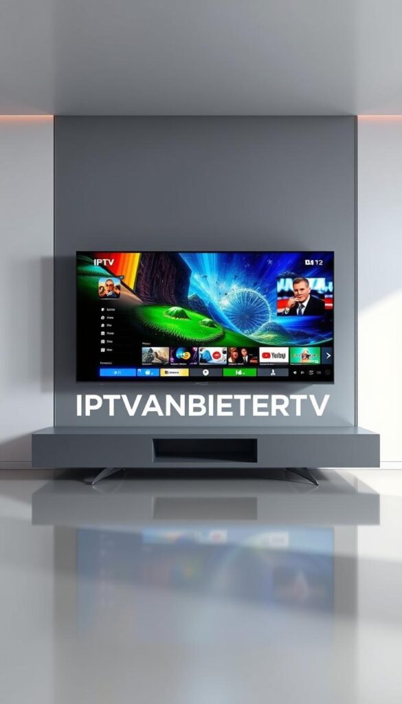 A high-quality IPTV streaming experience set against a sleek, modern background. In the foreground, a sophisticated smart TV displays vibrant, high-definition content with crystal-clear resolution. The middle ground features the IPTVANBIETERTV brand name, subtly integrated into the scene with a minimalist, premium aesthetic. The background is bathed in a soft, diffused lighting, creating a sense of depth and atmosphere. The overall composition conveys a seamless, effortless streaming experience, ideal for the discerning viewer seeking exceptional quality and reliability.