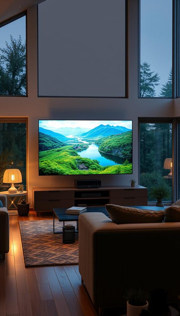 A high-quality IPTV streaming experience with IPTVANBIETERTV. A spacious living room with large windows, streaming a crisp, vibrant image on a sleek 4K television. Ambient lighting creates a cozy, relaxed atmosphere. The television screen displays a captivating nature scene, with lush greenery and a serene lake. The overall scene conveys a sense of comfort, entertainment, and technical excellence, perfectly suited for a discerning IPTV subscriber.