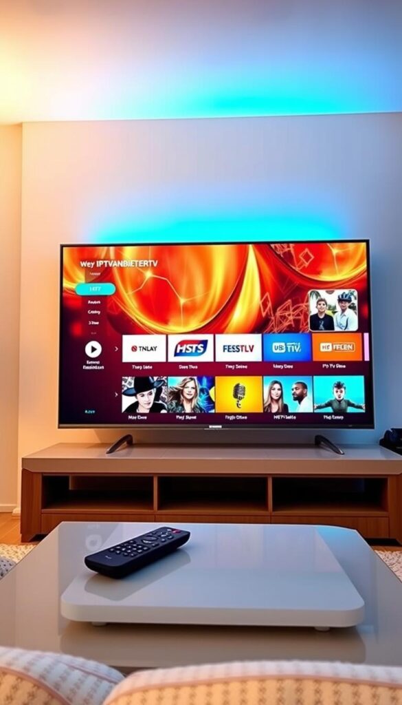 A high-quality IPTV streaming experience with a sleek IPTVANBIETERTV app interface. A 4K UHD television set displays vibrant, high-definition content with smooth playback and minimal buffering. The living room is bathed in warm, soft lighting, creating a cozy, immersive atmosphere. The coffee table holds a modern remote control, symbolizing the seamless control over the IPTV streaming experience. The overall scene conveys a sense of technological sophistication and entertainment enjoyment.