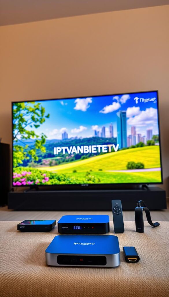 A high-quality IPTV streaming experience with vibrant colors, crisp details, and smooth playback. In the foreground, a modern smart TV displays a vivid landscape with lush greenery and a clear blue sky. The TV is showcasing the IPTVANBIETERTV brand logo, conveying a sense of premium quality. In the middle ground, various streaming devices, such as a sleek set-top box and a compact HDMI dongle, are arranged neatly, representing the versatility of the IPTV platform. The background features a stylized cityscape, with skyscrapers and a vibrant urban environment, suggesting the wide range of content available through the IPTV service. The overall scene is illuminated by warm, natural lighting, creating a sense of comfort and reliability.