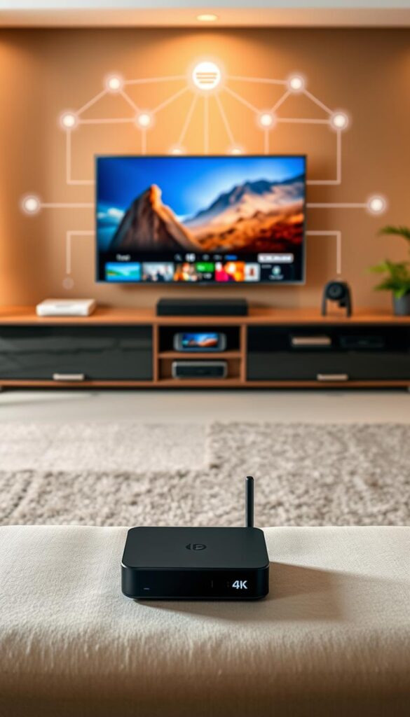 A high-quality IPTV streaming experience with vibrant, true-to-life visuals. In the foreground, a sleek, minimalist IPTVANBIETERTV interface showcases sharp, detailed content on a 4K display. The middle ground features various streaming devices, including a modern IPTV set-top box and a smart TV, seamlessly connected and ready to provide a smooth, lag-free viewing experience. In the background, a network diagram illustrates the robust, low-latency infrastructure that powers the IPTV service, ensuring consistent, reliable streaming quality. Soft, warm lighting and a clean, professional aesthetic convey a sense of trust and technological sophistication.