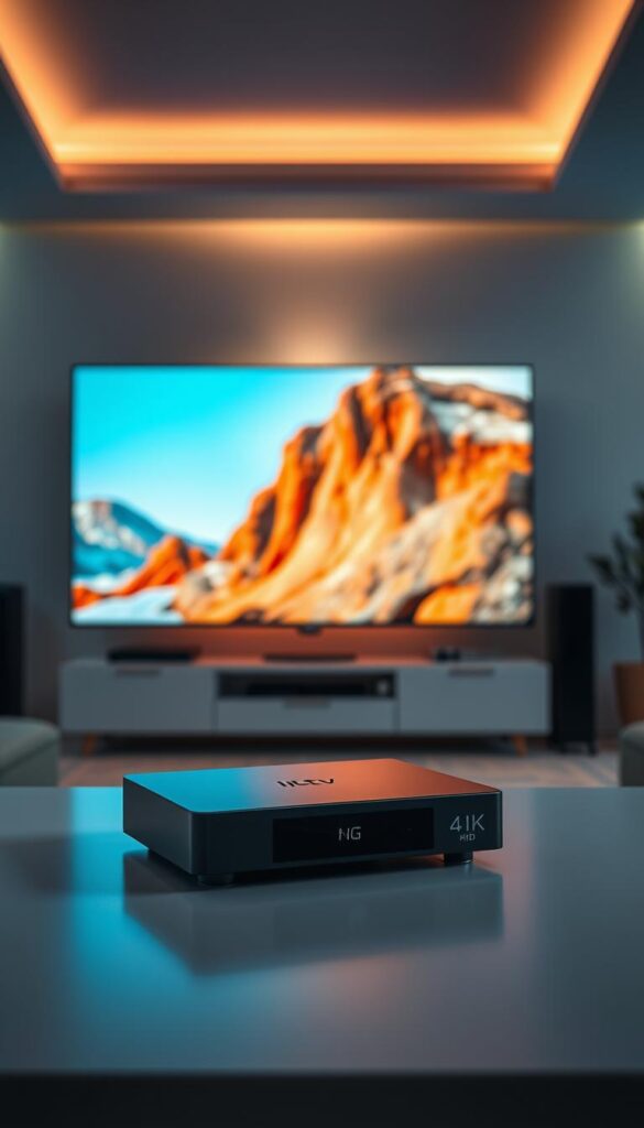 A high-quality IPTV streaming experience with vivid, detailed imagery and seamless playback. In the foreground, a state-of-the-art IPTVANBIETERTV set-top box, sleekly designed with a minimalist aesthetic. In the middle ground, a 4K Ultra HD television displaying a crisp, vibrant image with rich colors and deep blacks. The background features a modern, minimalist living room setup with subtle ambient lighting, conveying a sense of comfort and technological sophistication. The overall scene radiates a mood of premium quality, cutting-edge technology, and immersive entertainment.
