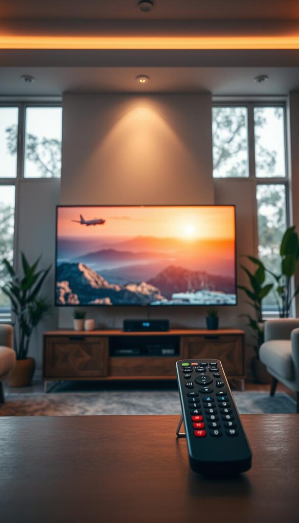 A high-quality IPTV streaming scene with a focus on the IPTVANBIETERTV brand. A well-lit living room interior with a large flat-screen TV taking center stage, displaying a vivid, crystal-clear image. The room is bathed in a warm, ambient lighting, creating a cozy and immersive atmosphere. In the foreground, a sleek, modern remote control hints at the seamless user experience. The middle ground features a stylish media cabinet housing the IPTV streaming device, surrounded by lush indoor plants and tasteful decor. The background showcases large windows, allowing natural light to filter in and enhancing the overall sense of clarity and visual fidelity.