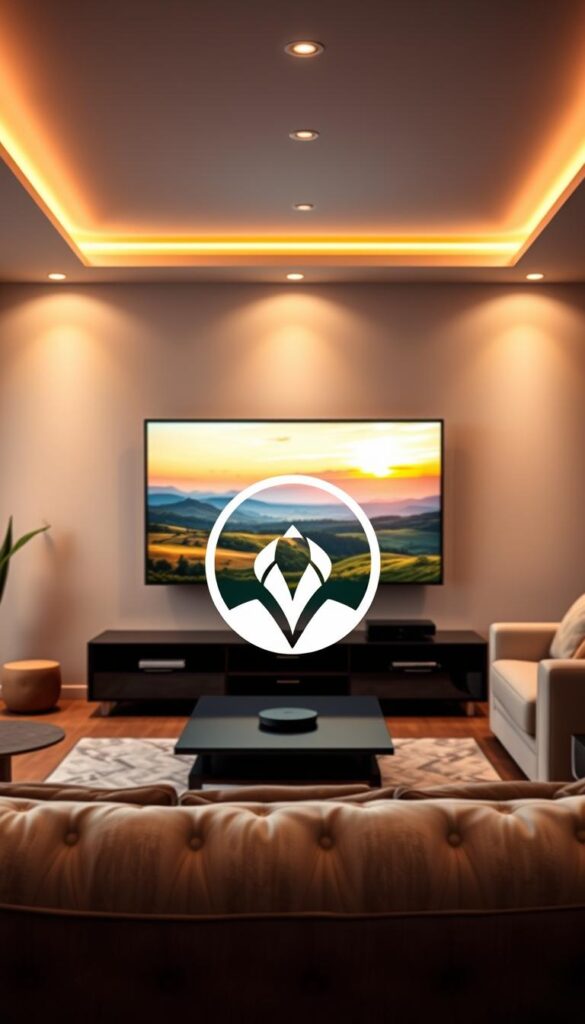 A high-quality IPTV streaming service with vibrant, crystal-clear visuals and seamless playback. The scene depicts a living room setup with a large flat-screen TV, sleek entertainment center, and comfortable sofa. Soft, warm lighting illuminates the space, creating a cozy, inviting atmosphere. In the foreground, a stylized IPTVANBIETERTV logo hovers, subtly showcasing the provider's brand. The TV screen displays a scenic landscape, conveying the diverse content available through the IPTV service. The overall composition exudes a sense of premium quality, reliability, and technological sophistication.