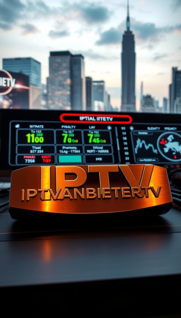 A high-quality IPTV streaming setup with crisp visuals and seamless playback. A futuristic control panel displays bitrates, resolution, and latency metrics. In the foreground, the IPTVANBIETERTV logo shines with a sleek, metallic finish, reflecting the advanced technology powering the service. The background features a dynamic cityscape, hinting at the global reach and reliability of the IPTV network. Soft, ambient lighting creates a professional, authoritative atmosphere, emphasizing the importance of reliable, high-performance streaming for the modern viewer.