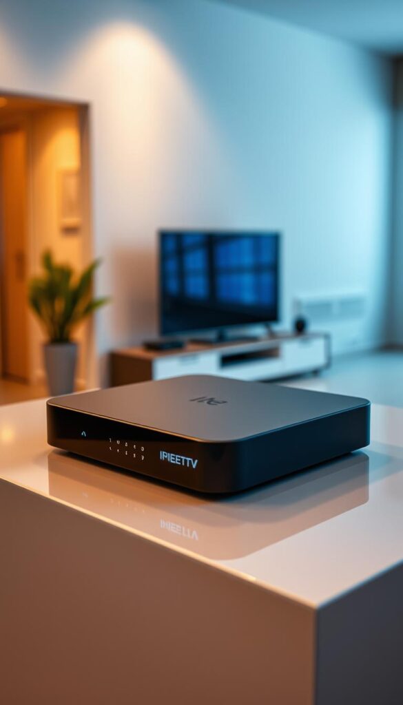 A high-quality IPTVANBIETERTV box rests on a sleek, minimalist surface, its modern design complementing the contemporary living space. Warm, diffused lighting from above illuminates the device's clean lines and matte finish, hinting at its premium construction. In the background, a subtle gradient backdrop suggests the box's versatility and integration with various home entertainment setups. The scene conveys a sense of effortless functionality, inviting the viewer to imagine the seamless experience of accessing a vast library of IPTV content across multiple devices through this compact, reliable device.