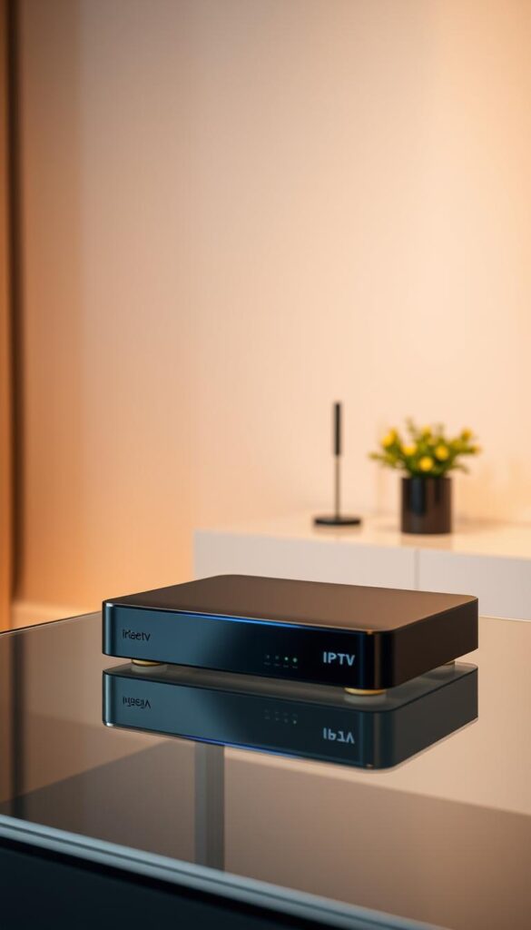 A high-quality IPTVANBIETERTV box, sleek and modern, rests on a minimalist glass table. Warm, soft lighting illuminates the device, accentuating its clean lines and premium finish. In the background, a neutral-toned wall provides a simple, elegant backdrop, allowing the IPTV box to be the central focus. The scene conveys a sense of sophistication and technological prowess, hinting at the reliable and cost-effective IPTV services the device offers. The composition is balanced, with the IPTV box positioned at the golden ratio, drawing the viewer's eye to its well-crafted design.