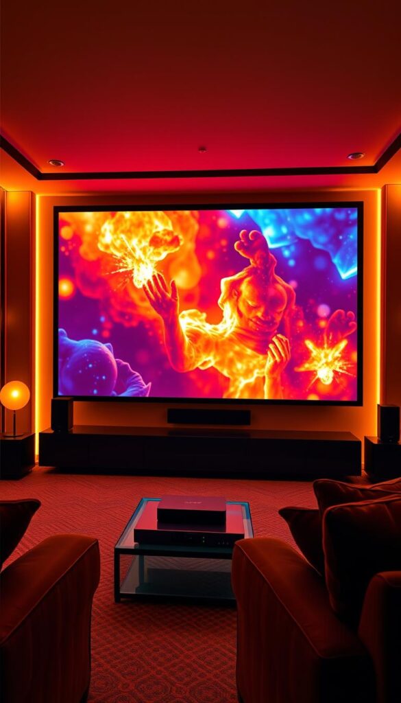 A high-quality IPTVANBIETERTV streaming experience with vivid colors, deep blacks, and crisp details. The scene depicts a luxurious home theater setup, with a large projection screen taking center stage. Warm, ambient lighting creates a cozy atmosphere, while a sleek media console houses the IPTVANBIETERTV streaming device. Plush seating and high-end audio equipment suggest an immersive, cinema-like viewing experience. The overall composition conveys a sense of premium quality and attention to detail, perfectly suited for the "Optimale Streaming-Qualität für Ihr Heimkino" section.