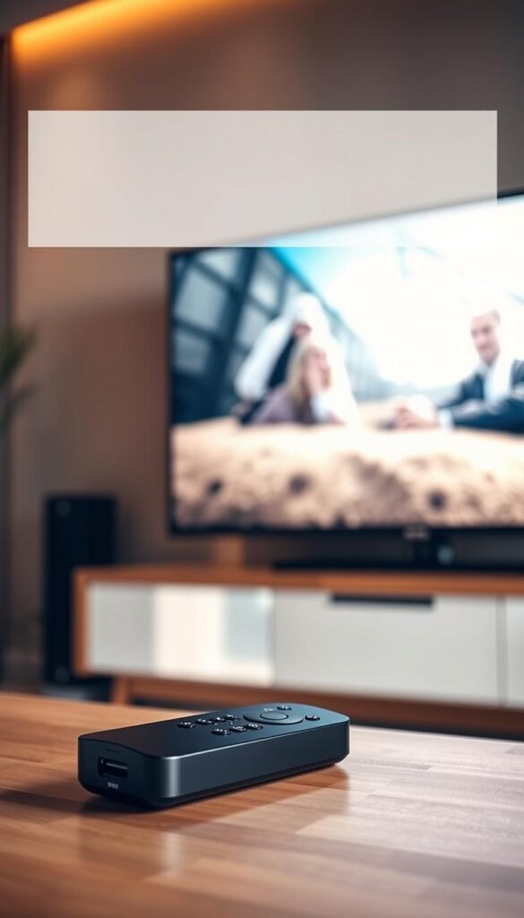 A high-quality and reliable IPTVANBIETERTV streaming service, captured in a sleek and modern-looking image. The scene depicts a sophisticated home entertainment setup, with a large, high-definition TV screen displaying crystal-clear video playback. The lighting is warm and subtle, creating a cozy, inviting atmosphere. The TV is positioned on a minimalist, wooden entertainment center, surrounded by subtle ambient lighting that enhances the overall visual appeal. In the foreground, a wireless remote control and a streaming device, such as a set-top box or dongle, are prominently featured, emphasizing the seamless integration of the IPTVANBIETERTV service. The background is blurred, drawing the viewer's attention to the central focus of the image - the high-quality video playback and the reliable IPTVANBIETERTV service.