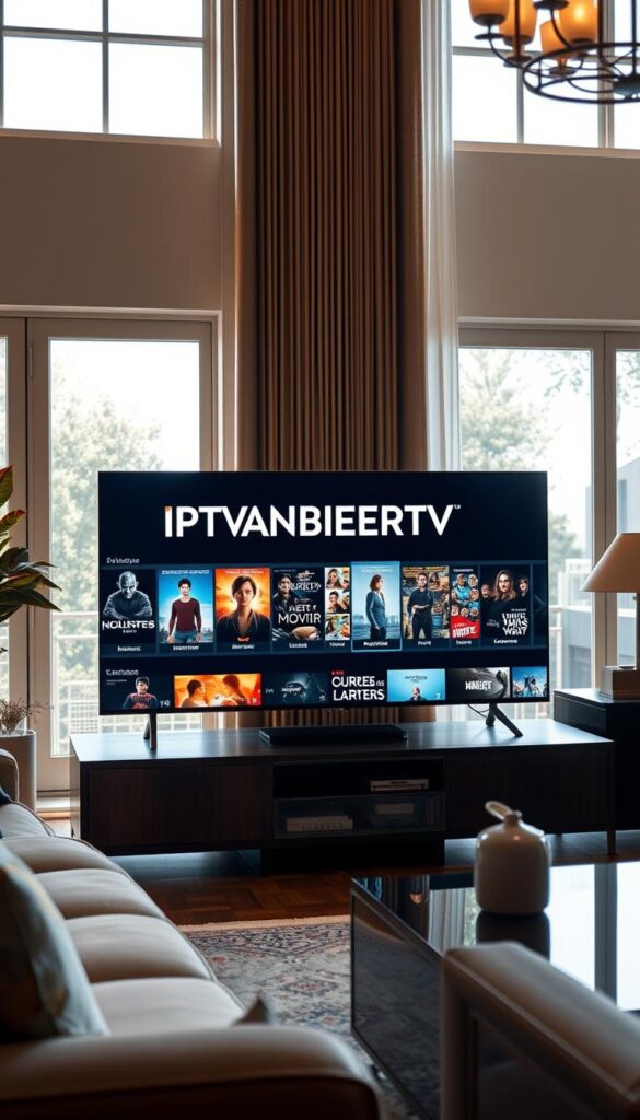 A high-quality, cinematic image of a sleek, modern smart TV displaying the "IPTVANBIETERTV" brand logo prominently on the screen. The TV is situated in a stylish, well-lit living room setting, with elegant furniture, warm lighting, and a sense of sophistication. The room features large windows that allow natural light to flood in, creating a bright and inviting atmosphere. The TV screen shows a diverse selection of movie genres, from action-packed blockbusters to classic cinematic masterpieces, showcasing the breadth of the IPTV film package. The overall scene conveys a sense of comfort, entertainment, and the ability to access a vast library of premium content.