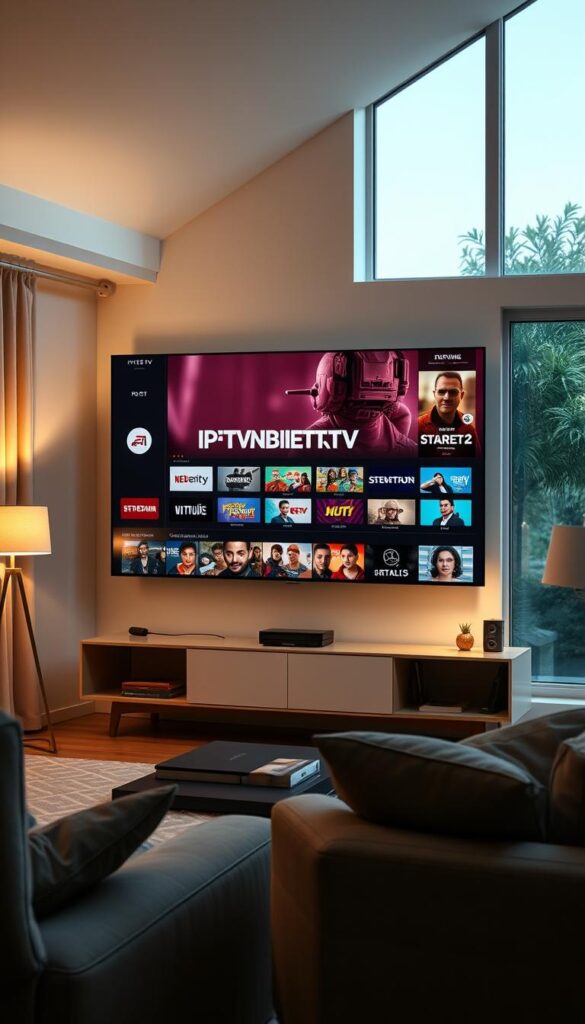 A high-quality, cinematic image of an IPTV provider's interface showcasing their vast selection of live TV channels and on-demand content. The scene is set in a cozy, well-lit living room with a large, flatscreen TV prominently displayed. The TV screen shows the IPTVANBIETERTV brand name, along with a grid of thumbnails representing various channels and programs. The room is decorated with neutral tones and minimal furnishings, creating a clean, modern aesthetic. Soft, directional lighting from floor lamps and a large window casts a warm glow across the scene, highlighting the detailed UI elements on the TV screen. The camera angle is slightly elevated, giving a sense of depth and emphasizing the immersive viewing experience. The overall mood is one of calm, convenience, and the promise of endless entertainment at the user's fingertips.