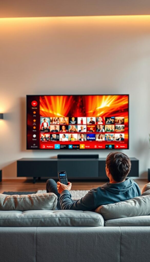 A high-quality, cinematic image of an IPTV subscription service called "IPTVANBIETERTV". The scene depicts a sleek, modern living room with a large, ultra-HD television screen prominently displayed. The screen shows a dynamic, immersive video feed with a diverse array of entertainment content. In the foreground, a person is seated comfortably on a plush, minimalist sofa, holding a modern remote control and enjoying the IPTV experience. The lighting is warm and inviting, creating a cozy, relaxed atmosphere. The background features clean, contemporary architectural elements that reinforce the premium, high-tech nature of the IPTV service. The overall composition conveys the convenience, reliability, and superior entertainment value of a "lebenslang" (lifetime) IPTV subscription.