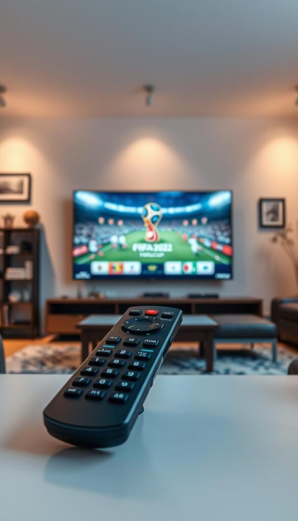A high-quality, cinematic image of the FIFA World Cup 2022 broadcast on IPTVANBIETERTV. Set in a modern, minimalist living room, with a large flatscreen TV displaying the FIFA logo and match highlights. Soft, indirect lighting creates a warm, cozy atmosphere. The room is decorated with soccer memorabilia and a comfortable leather sofa. In the foreground, a sleek, high-end IPTV remote control takes center stage, symbolizing the convenience of watching the World Cup through an IPTV service. The overall scene conveys the excitement and immersion of experiencing the FIFA Weltmeisterschaft 2022 from the comfort of one's own home.