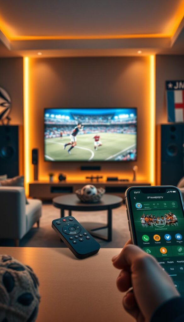 A high-quality, cinematic image of the "IPTVANBIETERTV" service for football fans, showcasing its key features and benefits. The scene depicts a modern living room with a large, flat-screen TV displaying a live football match, surrounded by comfortable seating and high-end audio equipment. The room is bathed in warm, golden lighting, creating a cozy and immersive atmosphere. In the foreground, a sleek remote control and a smartphone with the IPTVANBIETERTV app interface are prominently displayed, highlighting the seamless user experience and multi-device accessibility. The background features subtle references to the upcoming 2026 World Cup, such as national team flags or sports memorabilia, subtly reinforcing the relevance of the IPTVANBIETERTV service for the event. The overall composition and attention to detail convey a sense of premium quality, reliability, and the ultimate viewing experience for football enthusiasts.