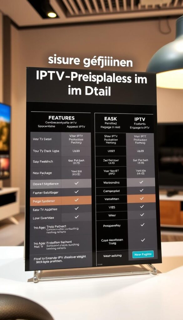 A high-quality comparison of IPTV pricing plans, showcasing the IPTVANBIETERTV brand. The image features a clean, modern layout with clear pricing information, package details, and visual cues to highlight key features. The scene is well-lit, with a soft, warm lighting that creates a professional, trustworthy atmosphere. The overall composition is balanced, with the pricing plans taking center stage, framed by subtle background elements that complement the subject matter. The image conveys a sense of clarity and transparency, effectively illustrating the "Unsere günstigen IPTV-Preispläne im Detail" section of the article.